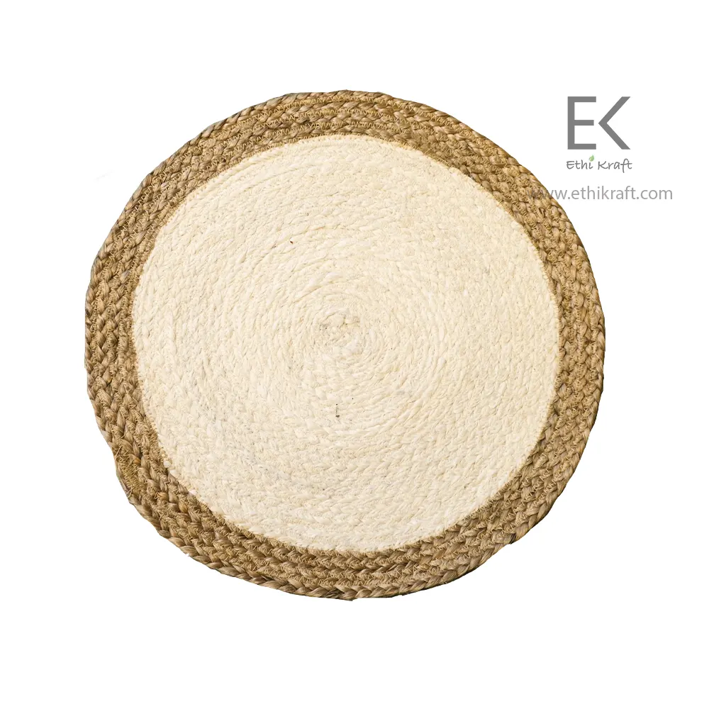 Ethi Kraft Handmade Jute Rug – Thin Braided Round – 50% Natural & 50% Bleached