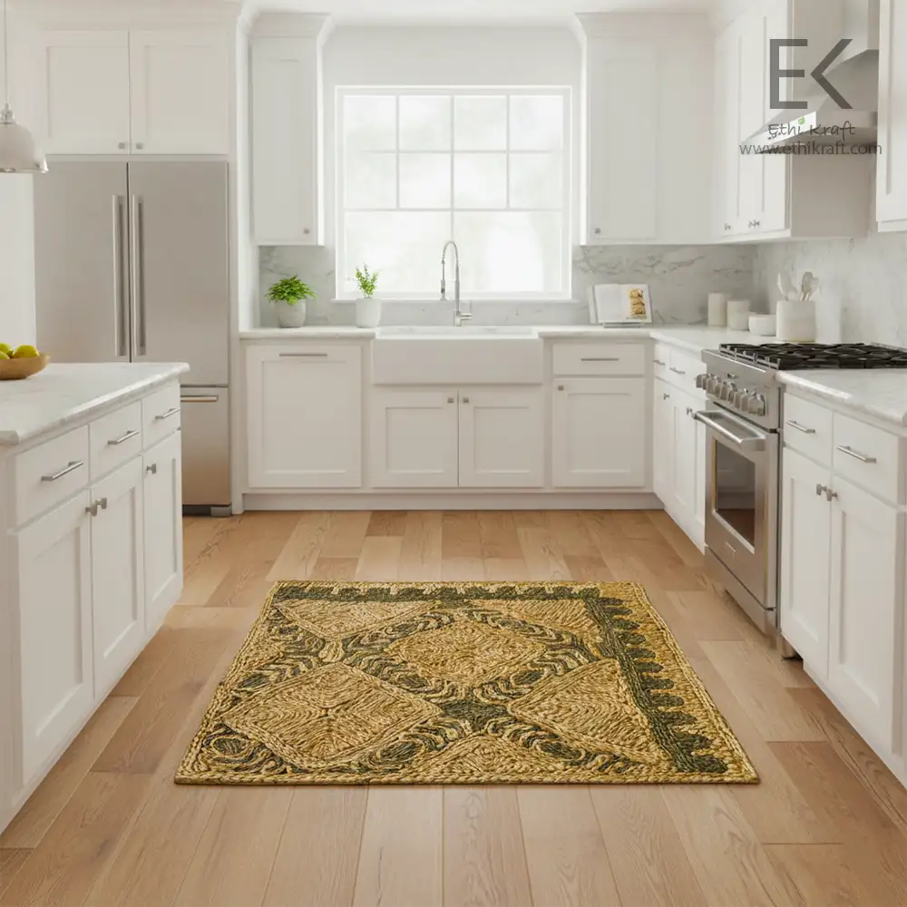 Ethi Kraft Handmade Jute Rug - Pattern fill - 100% jute - 100% Hand Stitched - Eco Friendly Rugs for Bedroom - Kitchen - Living Room - Farmhouse