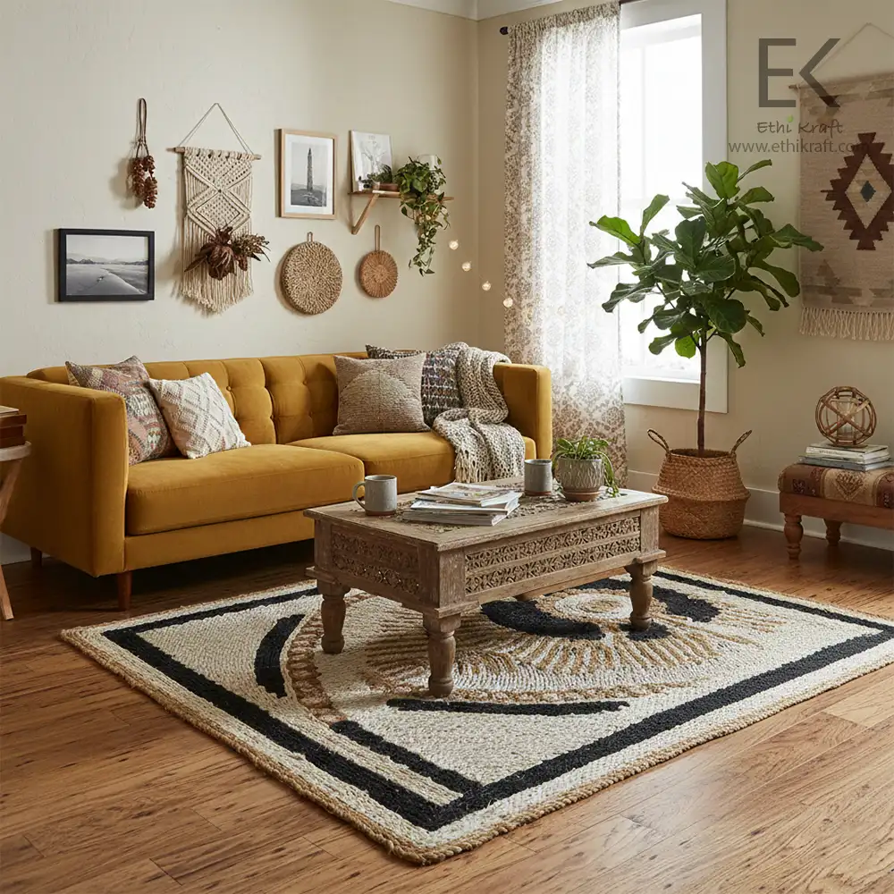 Ethi Kraft Handmade Jute Rug - Pattern fill - 100% jute - 100% Hand Stitched - Eco Friendly Rugs for Bedroom - Kitchen - Living Room - Farmhouse