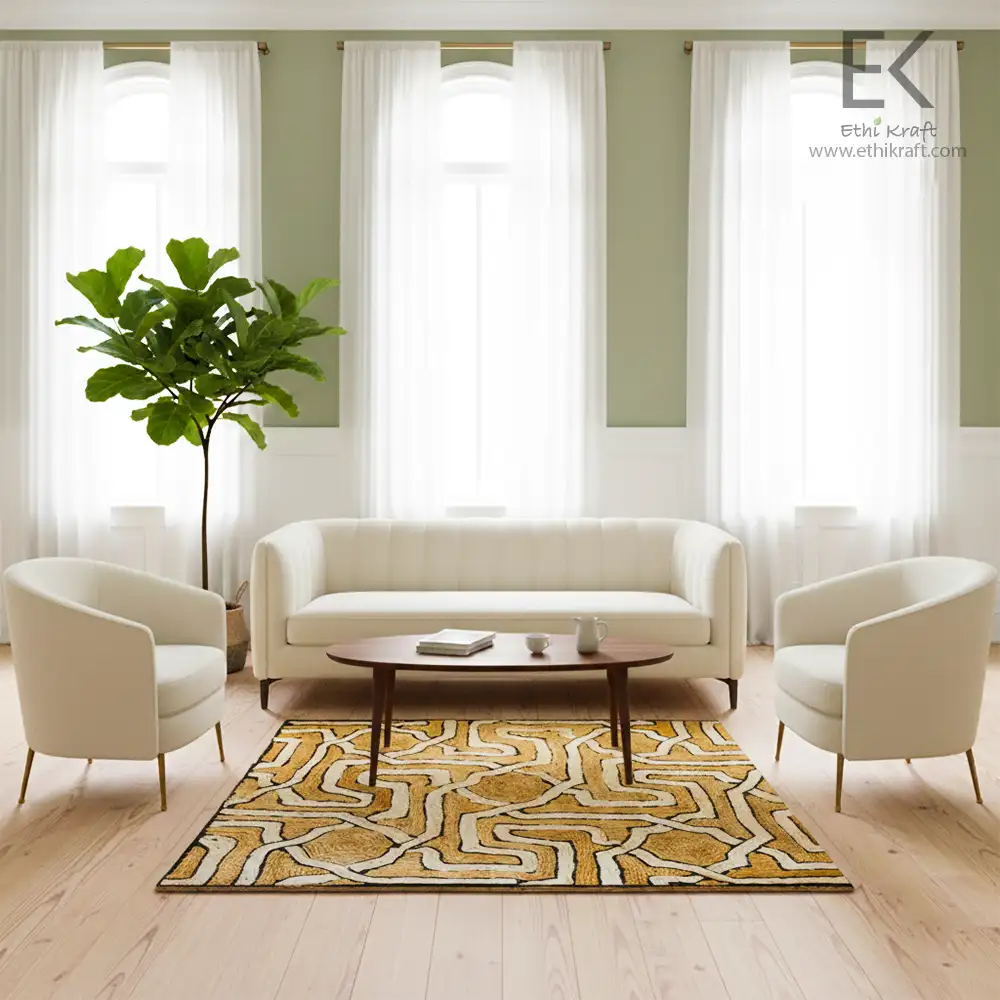 Ethi Kraft Handmade Jute Rug - Pattern fill - 100% jute - 100% Hand Stitched - Eco Friendly Rugs for Bedroom - Kitchen - Living Room - Farmhouse