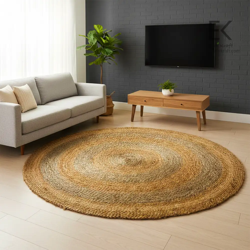 Ethi Kraft Handmade Jute Rug - Round - 100% Jute -  100% Hand stitched - Eco Friendly Rugs for Bedroom - Kitchen - Living Room - Farmhouse