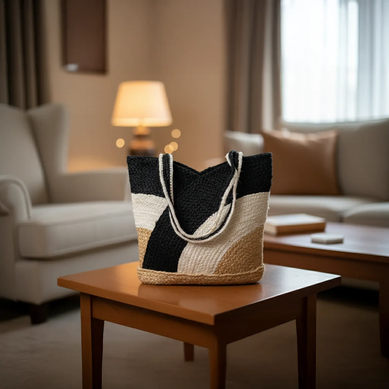 Ethi Kraft Handmade Jute  Bag - 100% jute -Handwoven Jute Shopping Bag - Black & White