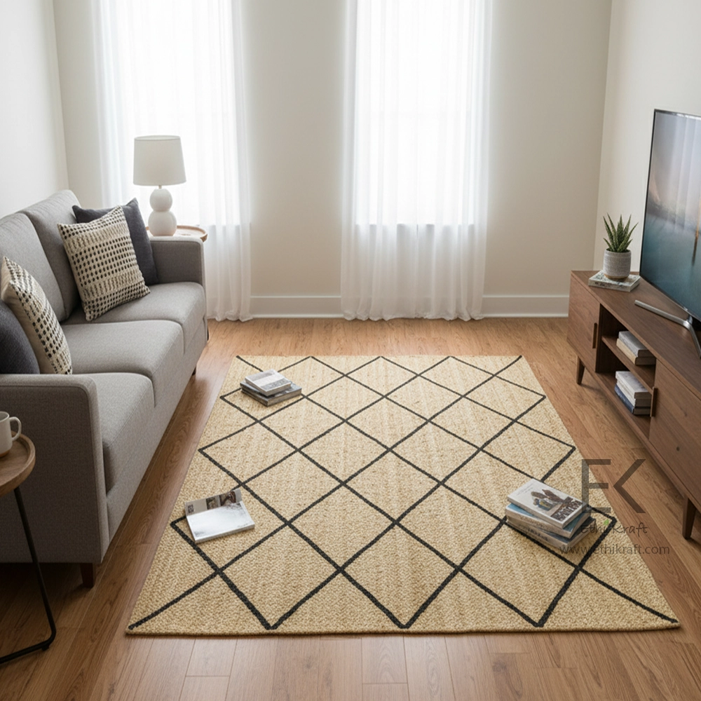 Ethi Kraft Handmade Jute Rug – 100% Natural Jute - with Striking Black Diamond Pattern