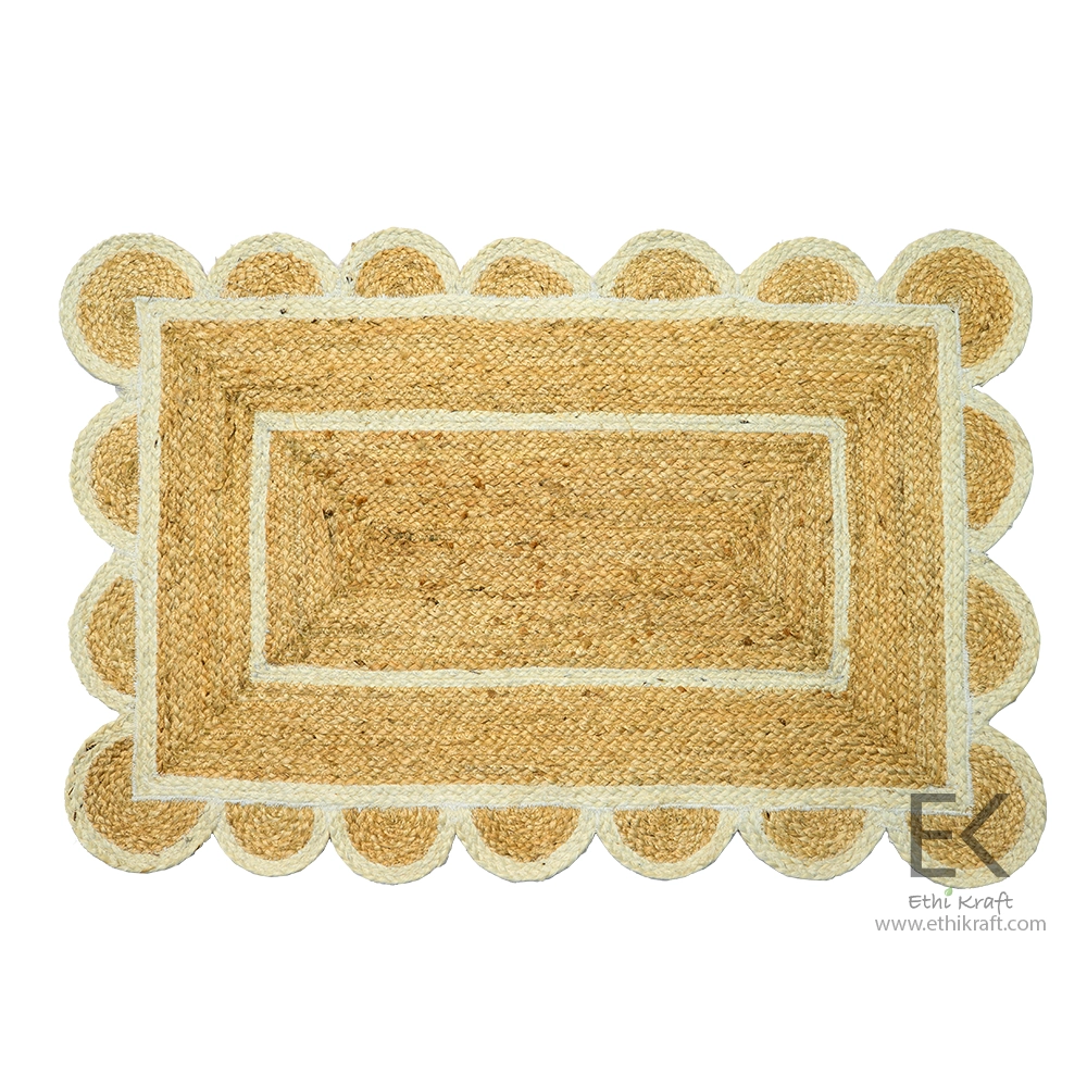 Alternative view of Ethi Kraft Handmade Jute Rug - Placemat - Rectangular Area Rug with Cream Scallop Border - 100% Jute - 100% Hand Stitched - Eco Friendly Rugs for Bedroom - Kitchen - Living Room - Farmhouse