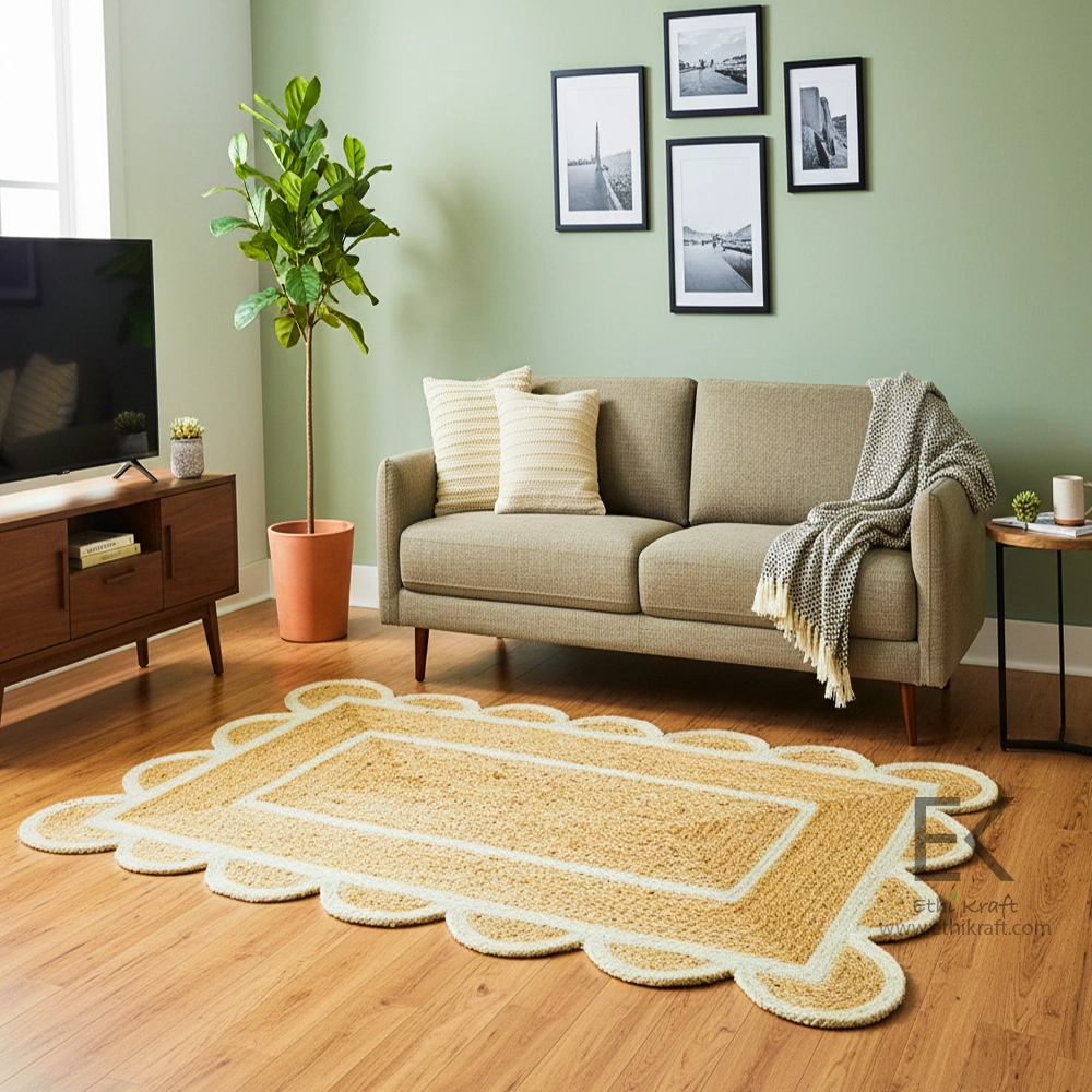 Ethi Kraft Handmade Jute Rug - Placemat - Rectangular Area Rug with Cream Scallop Border - 100% Jute - 100%