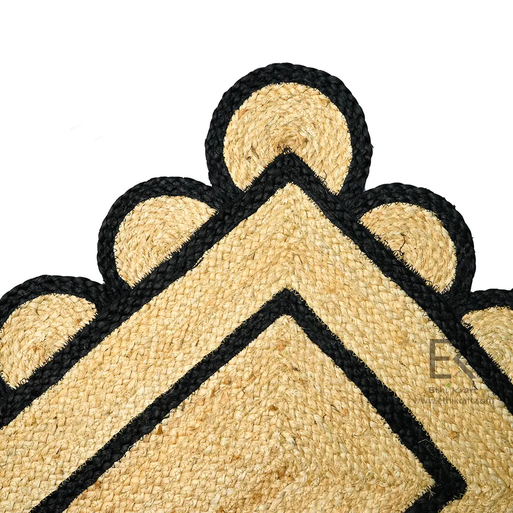 Ethi Kraft Handmade Jute Rug - Placemat - Black and Natural Jute Scalloped Rectangular Rug - 100% Jute - 100% Hand Stitched - Eco Friendly Rugs for Bedroom - Kitchen - Living Room - Farmhouse - Image 3