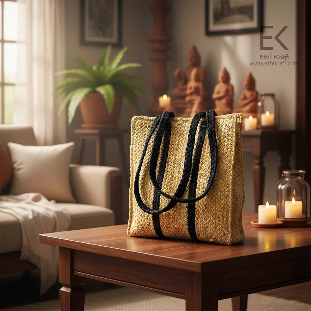 Ethi Kraft Handmade Jute Bag - 100% jute - Square Jute Shopping Bag with Black  Stripes