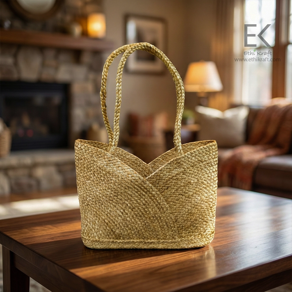 Ethi Kraft Handmade Jute Rug - Bag - 100% jute - Natural Fiber Woven Shopping Bag with V-Fold Detail