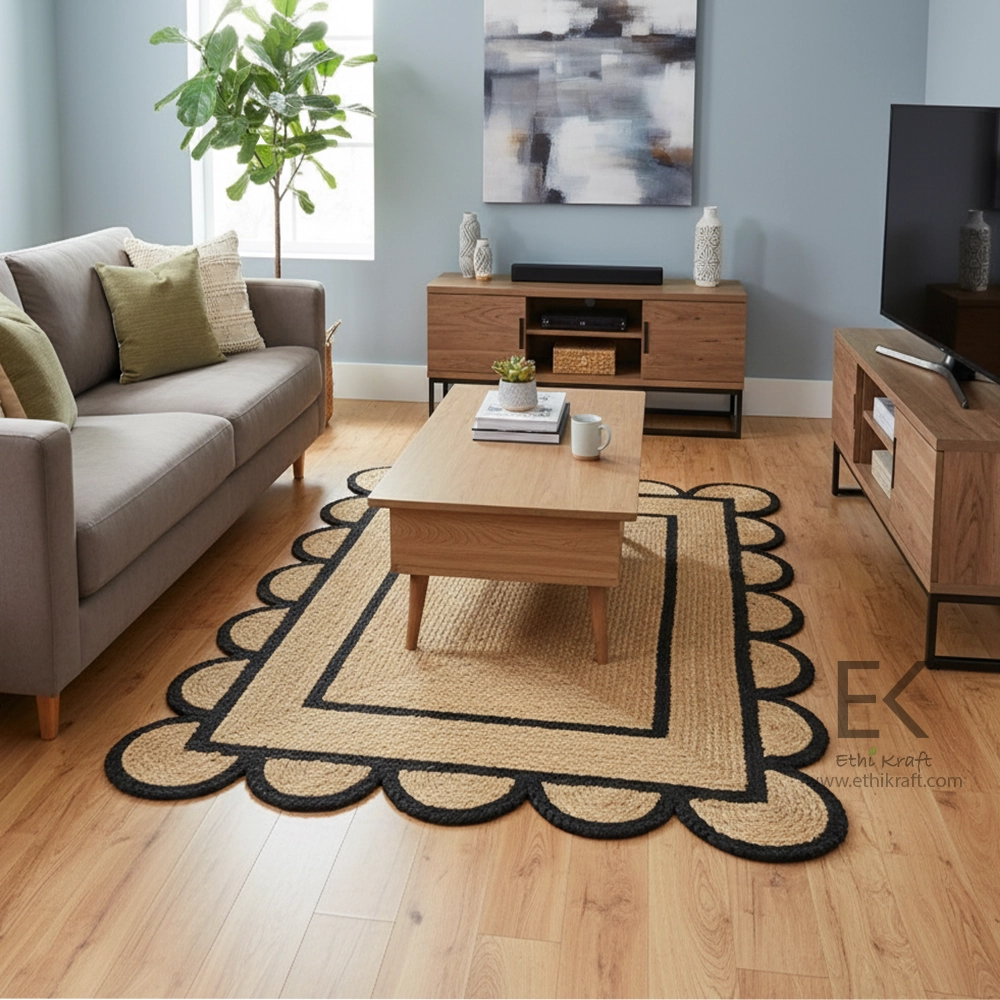 Ethi Kraft Handmade Jute Rug - Placemat - Black and Natural Jute Scalloped Rectangular Rug - 100% Jute