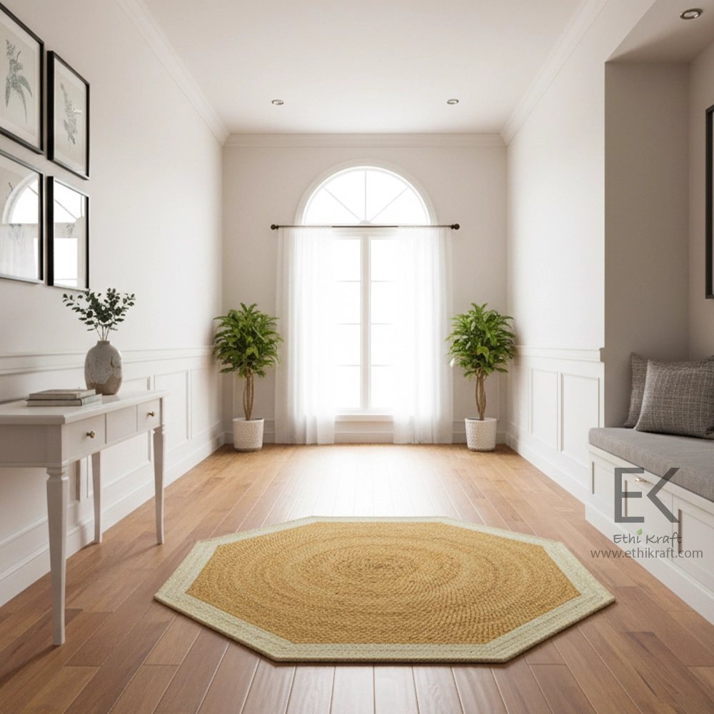 Ethi Kraft Handmade Jute Rug - Placemat - Boho Chic Octagon Rug - Natural Jute with Off-White Border - 100% Jute