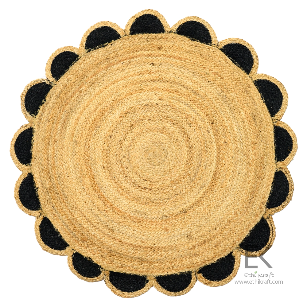 Alternative view of Ethi Kraft Handmade Jute Rug - Placemat - Natural Jute Scalloped Round Rug - Black and Beige - 100% Jute - 100% Hand Stitched - Eco Friendly Rugs for Bedroom - Kitchen - Living Room - Farmhouse