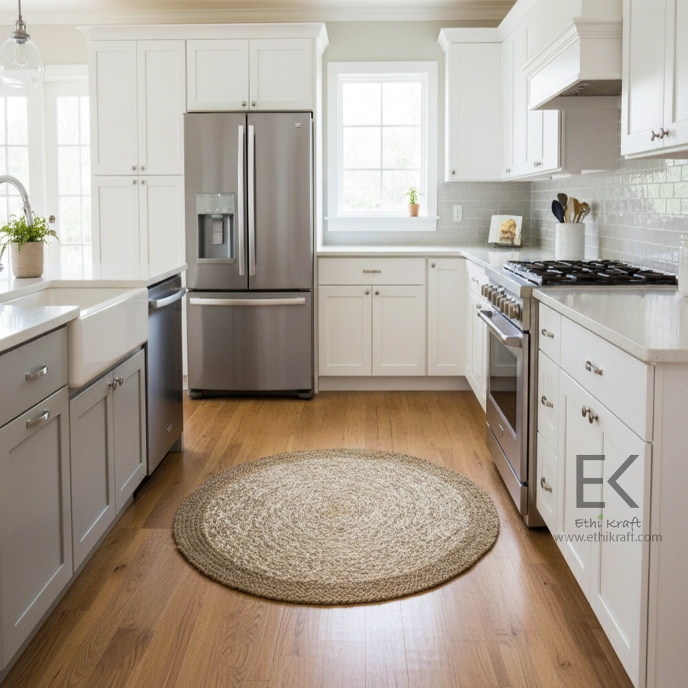 Ethi Kraft Handmade Jute Rug - Placemat - Round Rug with Mixed Color Center and Dark Border -100% Jute