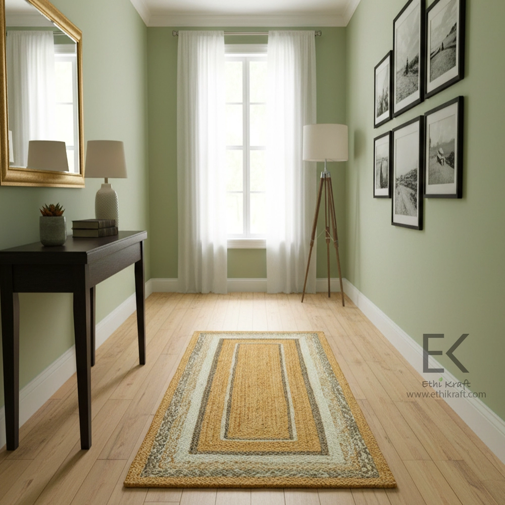 Ethi Kraft Handmade Jute Rug - Placemat - Natural Fiber Rectangle Area Rug - Rustic Tan White and Gray- 100% Jute