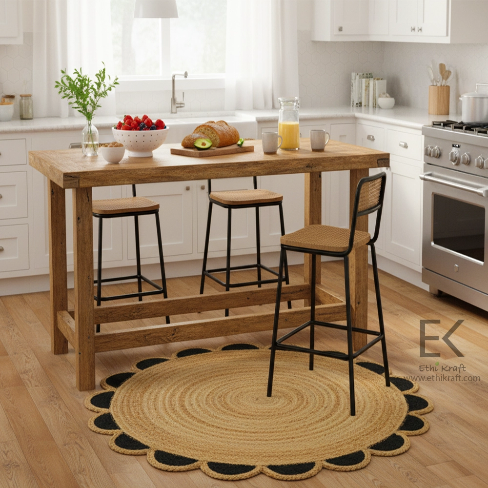 Ethi Kraft Handmade Jute Rug - Placemat  – Natural Jute Scalloped Round Rug – Black and Beige - 100% Jute