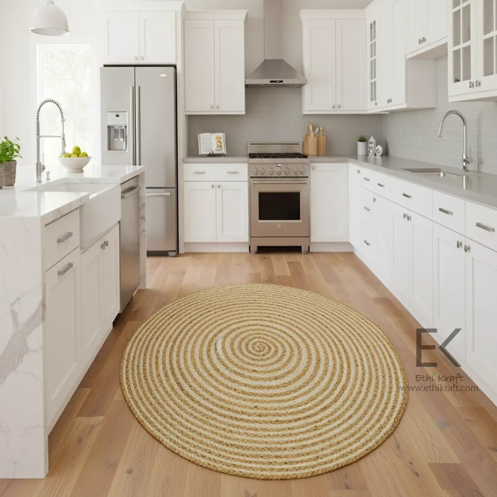 Ethi Kraft Handmade Jute Rug - Placemat - Round Rug - Alternating Natural & White Spiral Design -100% Jute