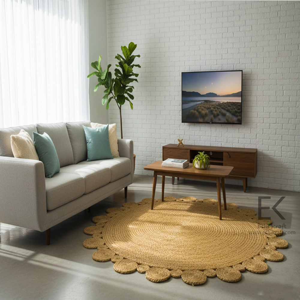 Ethi Kraft Handmade Jute Rug - Placemat - Handmade Jute Round Area Rug-Scalloped Circle Border Design -100% Jute